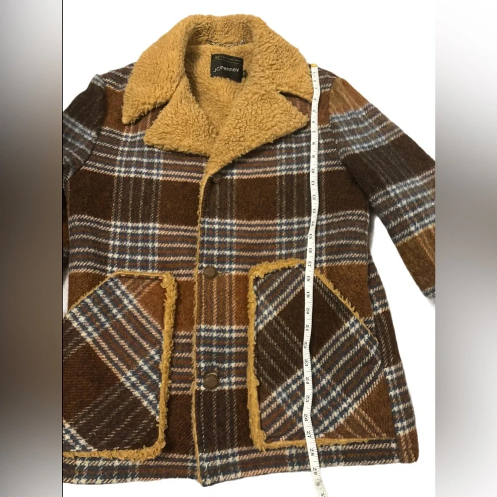 Authentic 70s Vintage JCPenney Plaid Wool Sherpa Lined Coat Jacket Brown (M) - Picture 6 of 6